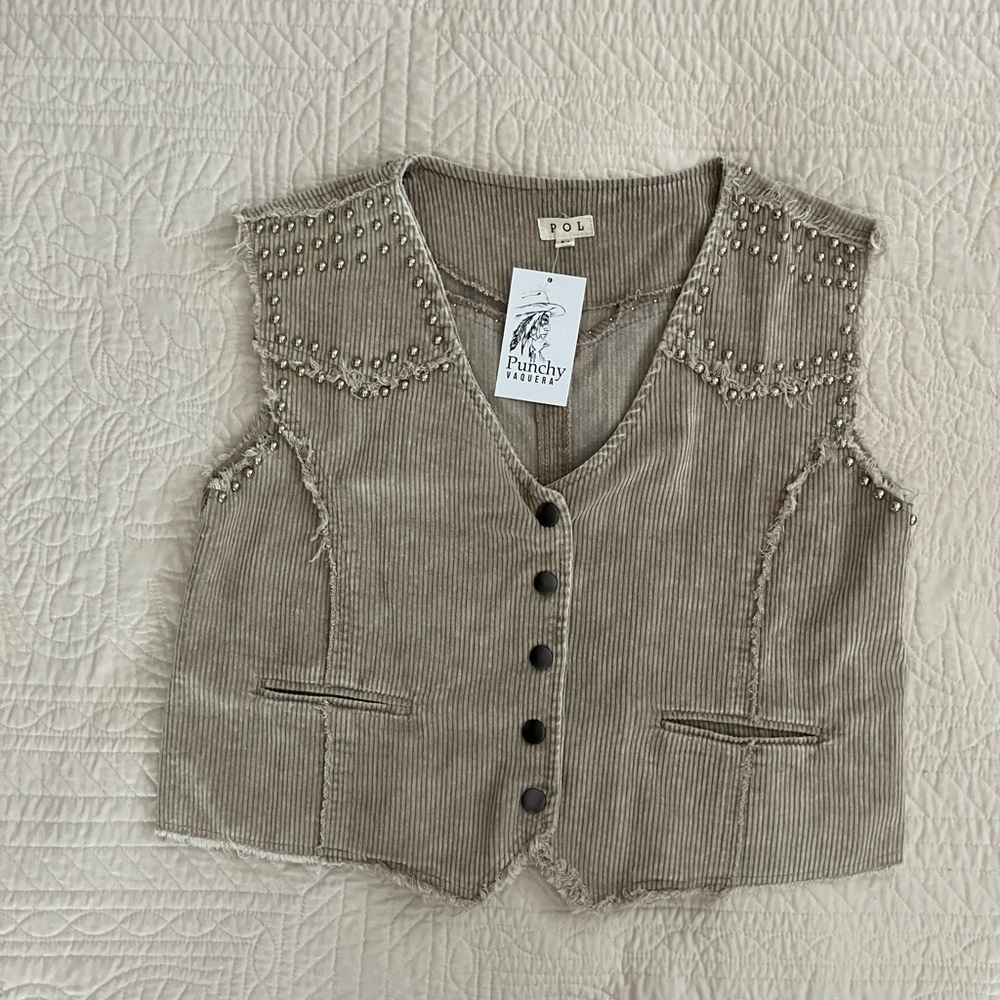 POL Tan Corduroy Vest with Studded Details